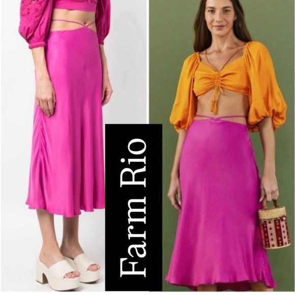 FARM Rio Dresses & Skirts - FARM Rio Fuschia satin Midi length 
strap-detail satin-finish midi skirt